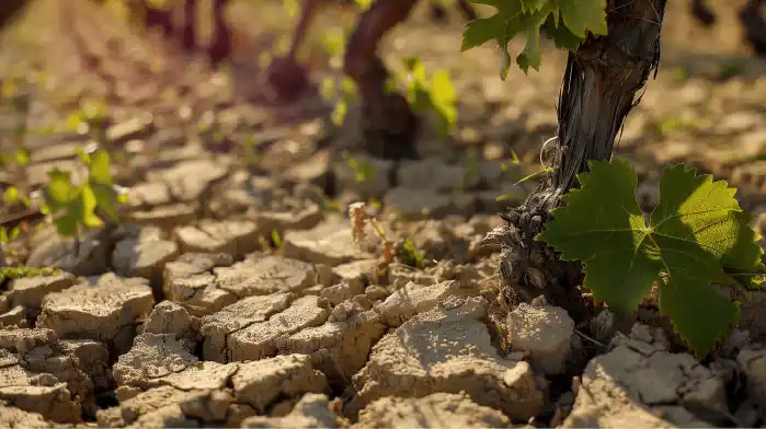 Sol craquelé par la sécheresse au pied de vignes, illustrant les impacts du stress hydrique sur les cultures viticoles.