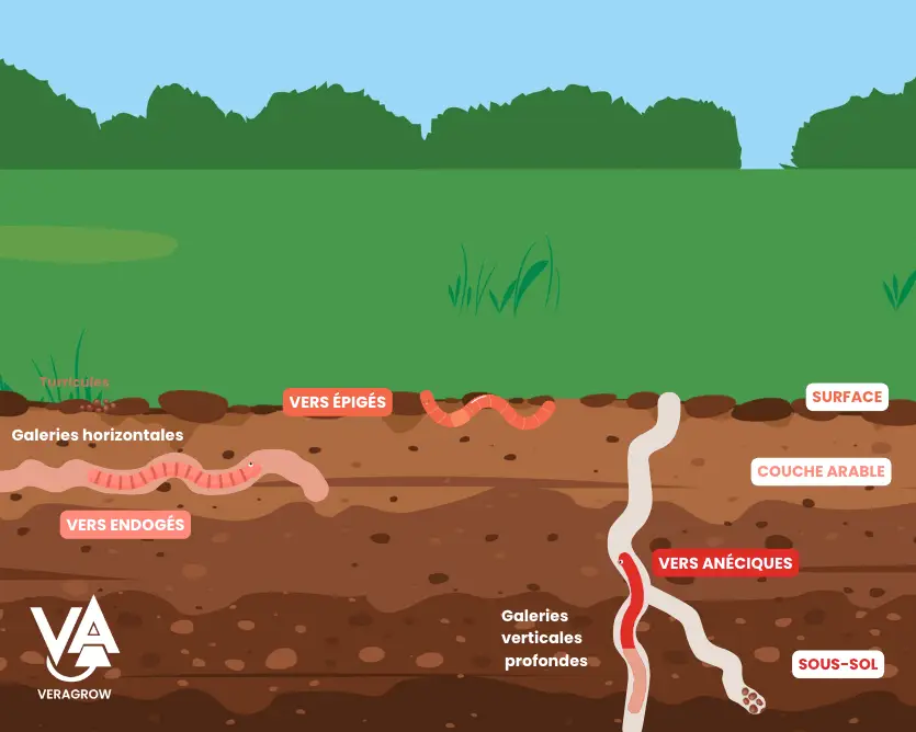 Schéma des différents type de vers de terre (lombrics) et leur déplacements dans leur habitat naturel.