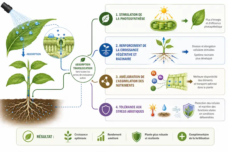 Illustration des effets physiologiques d'un biostimulant foliaire