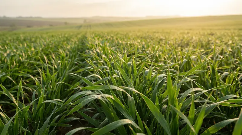 Feuillage vigoureux d'une culture après application d'un biostimulant foliaire, illustrant l'amélioration de la croissance et de la résilience aux stress abiotiques