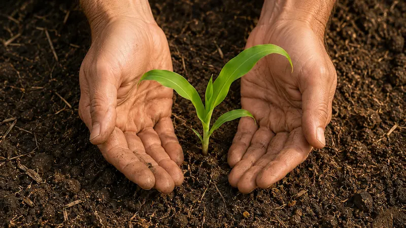 Jeune plant de maïs protégé par des mains dans un sol fertile, symbolisant l’action des biostimulants et la vigueur des cultures.
