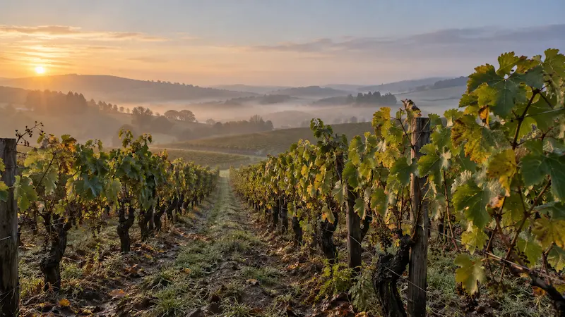Vignoble français après les vendanges avec un feuillage encore actif au début de l'automne