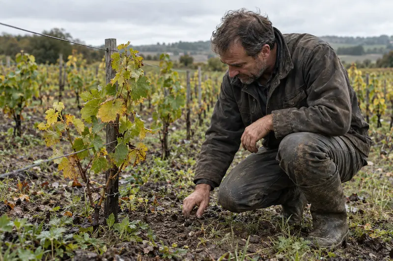 Vigneron inspectant une jeune vigne et son sol après les vendanges